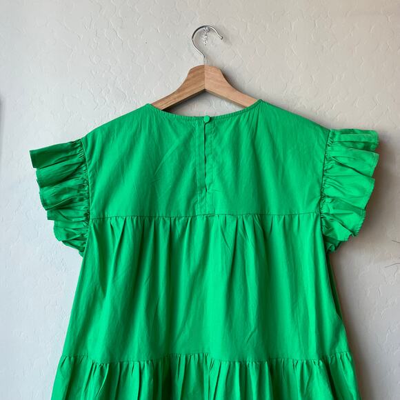 Marielle Almelo Dress Green Tiered Ruffle Sleeve A-Line Nap Cotton Midi Dress OS - Picture 7 of 8